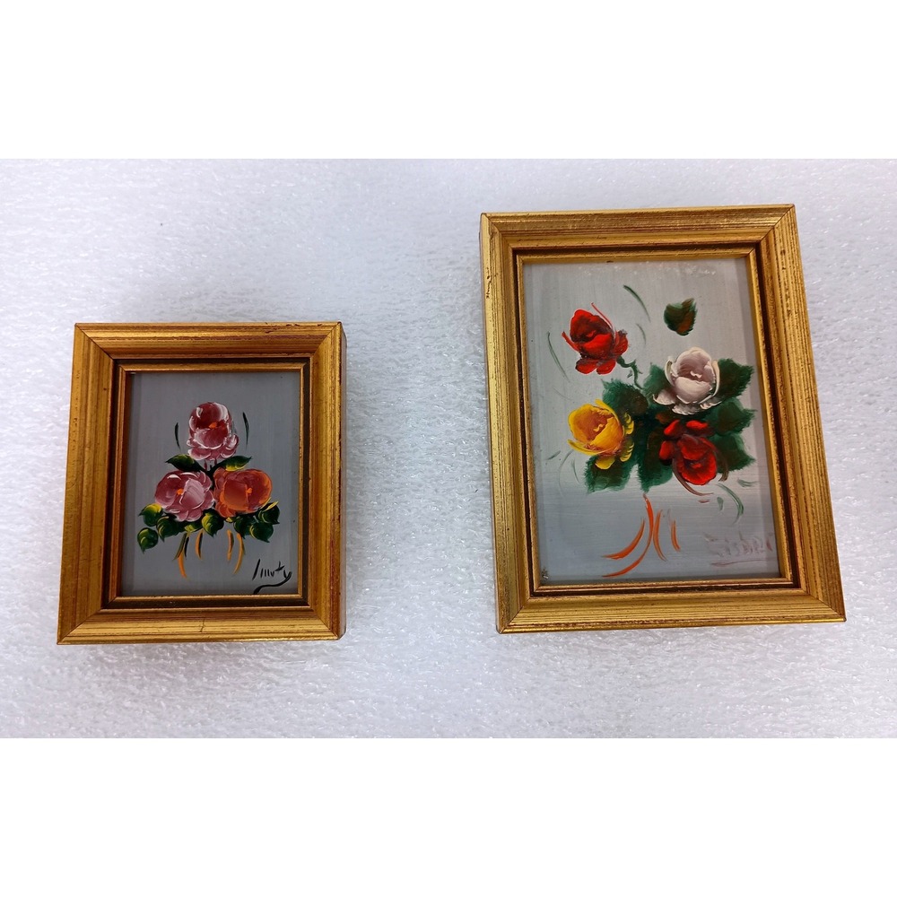VTG Miniature Floral Oil Painting Set 2 Gold Frame Hand Painted Made in Spain
